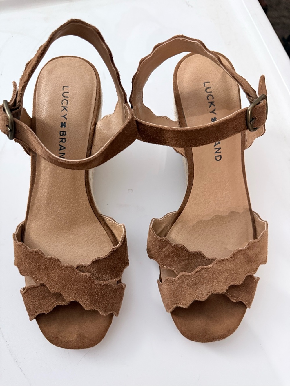 Lucky Brand Brown Suede Scalloped Wedge Sandals